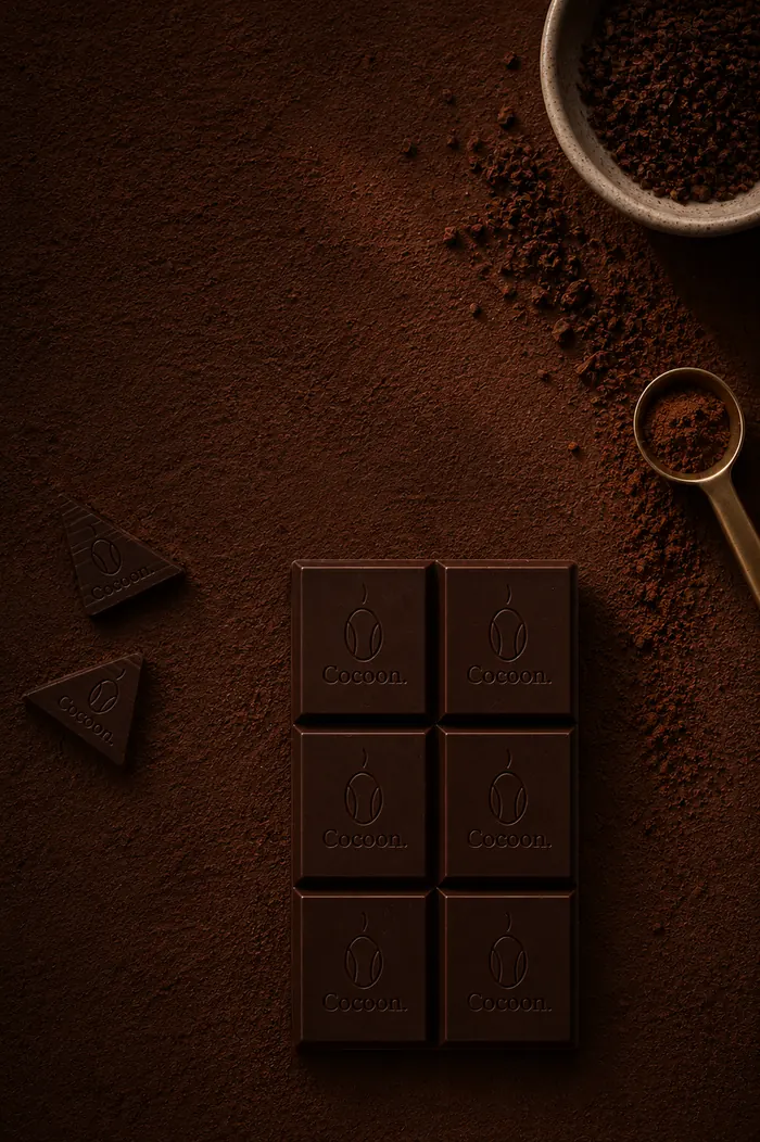 A Cocoon dark chocolate bar embossed with the cocoon mark