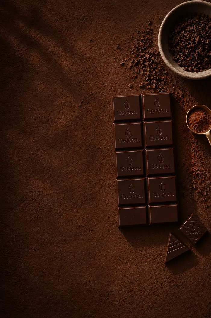 A Cocoon dark chocolate bar on a bed of cocoa