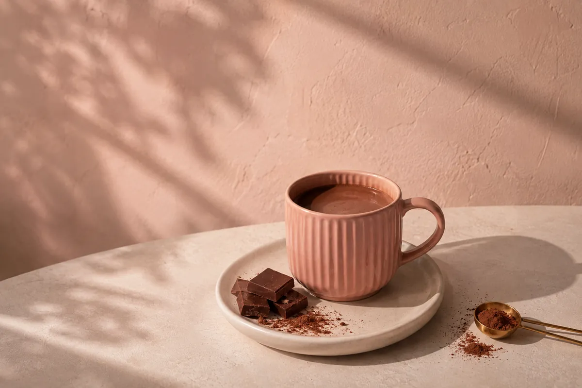 A mug of Cocoon warm cocoa with squares of chocolate and a spoon of cocoa, in soft daylight
